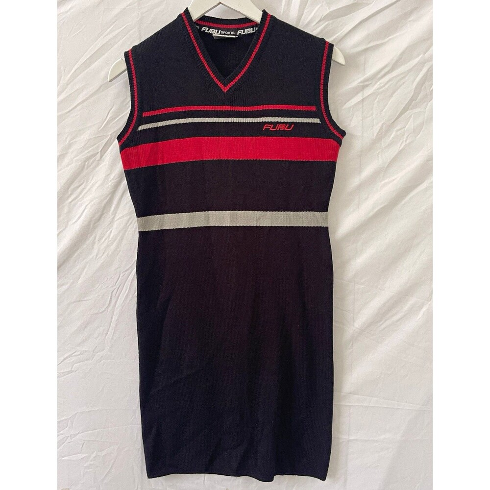Vintage- FUBU Men's V-Neck Sleeveless Striped Knit Sweater Vest Black Red Gray M
